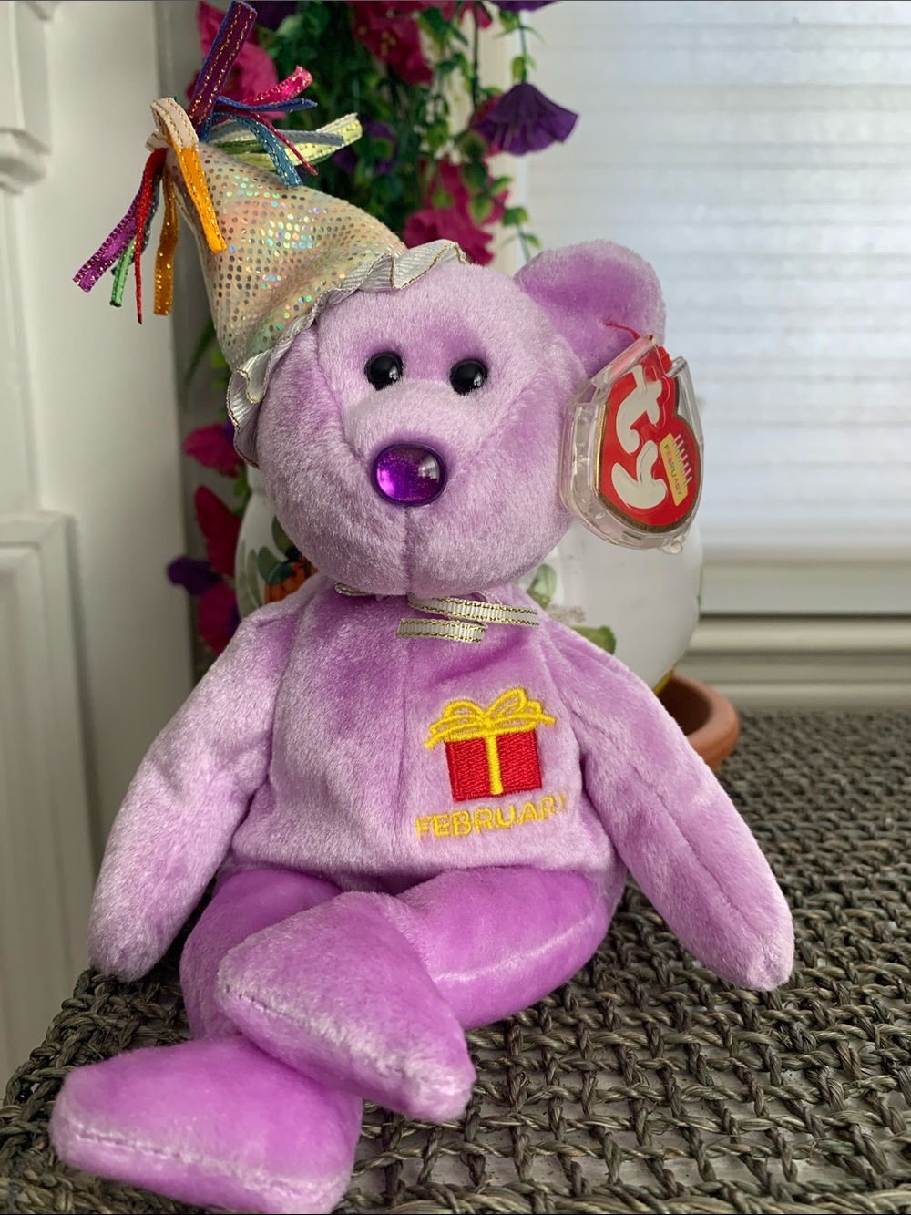 Ty NWT 2002 Purple February Birthday Beanie Baby Bear with Festive Hat